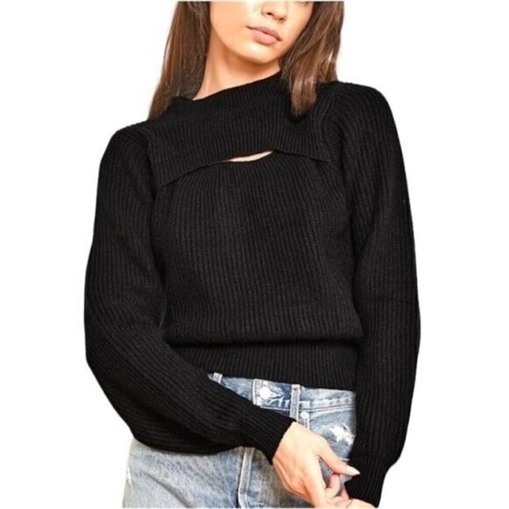 LuLus Black Acrylic Long Puffed Sleeve Cut Out Pullover Sweater Size XS
